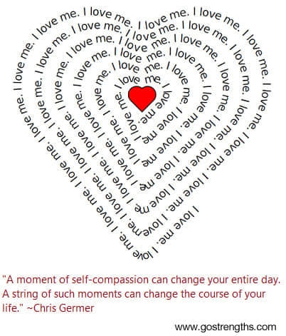 heart shape created by string of text "I love me" with quote about self-compassion by Chris Germer