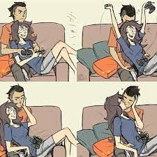 Couple playing video games together 