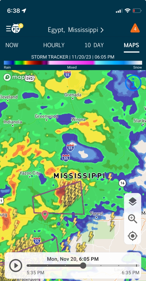 Weather map of tornado and storm activity in Mississippi